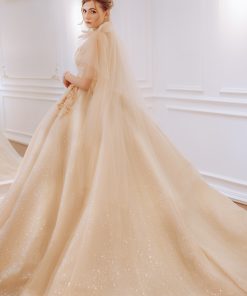 Cô dâu mặc váy cưới màu champagne Nàng Thơ Ánh Dương của Green Studio