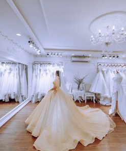 Cô dâu mặc váy cưới màu champagne Nàng Thơ Ánh Dương của Green Studio