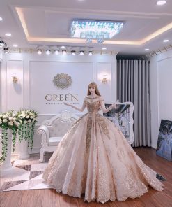 Chi tiết thân áo của váy cưới màu hồng đính kết